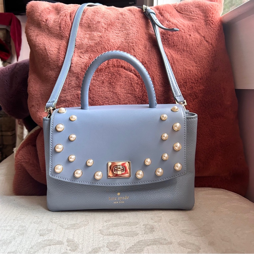Kate Spade Serrano Place Pearl Shonna Baby Blue Leather Turnlock Flap Crossbody - Picture 10 of 13